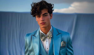 Stylish young man in a blue tuxedo and bow tie, ready for prom night with confidence.