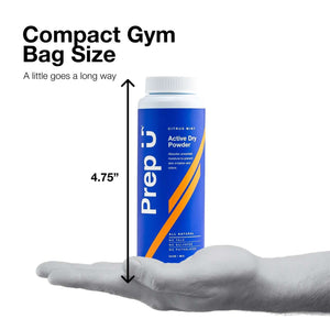 Prep U Active Dry Powder in a compact size, perfect for gym bags, showcasing its moisture-wicking benefits.