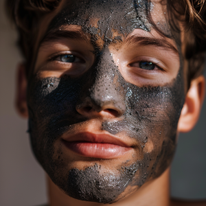 Close-up of a young man with a charcoal face mask, showcasing his clear skin and relaxed expression indoors.