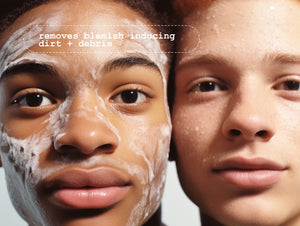Two young men with facial cleanser, highlighting its benefits for removing blemish-inducing dirt and debris.