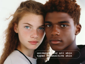 Close-up of two diverse models highlighting a skincare product suitable for all skin types, including sensitive skin.