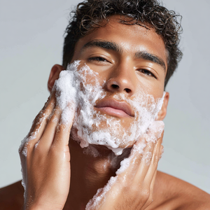 Young man applying foamy facial cleanser, showcasing skincare routine for healthy skin.