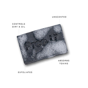 Unscented Prep ii soap bar with bubbles, controls dirt and oil, and exfoliates while absorbing toxins.