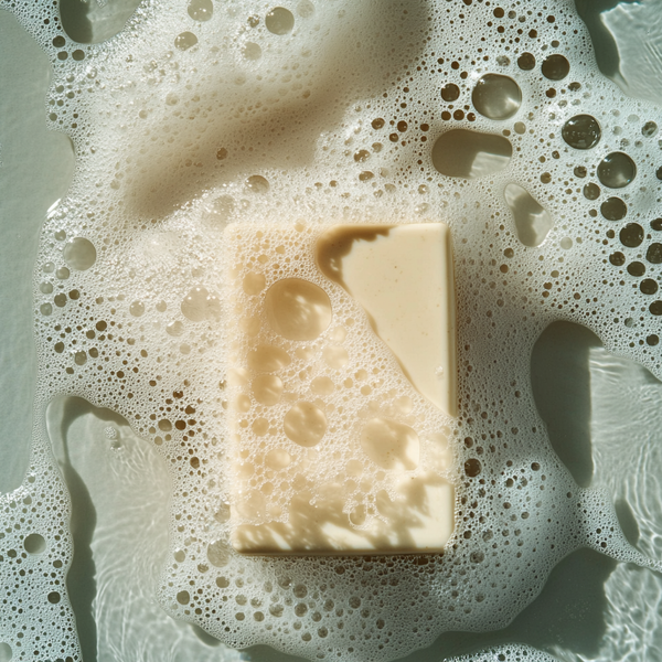 A creamy bar of tea tree soap surrounded by foamy bubbles, creating a fresh and clean atmosphere.