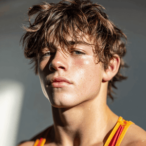 Confident young wrestler with tousled hair, showcasing determination and athletic spirit.