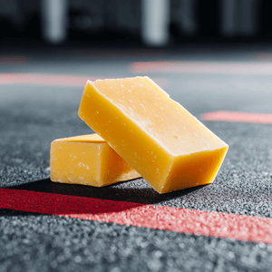 Two bright yellow soap bars stacked on a gym floor with red markings, perfect for fitness enthusiasts.