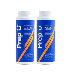 Two bottles of Prep U Active Dry Powder in Citrus Mint, talc-free formula that absorbs moisture and prevents odor.