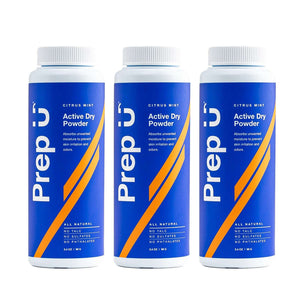 Three bottles of Prep U Active Dry Powder, talc-free, citrus mint scent, for moisture control and odor prevention.