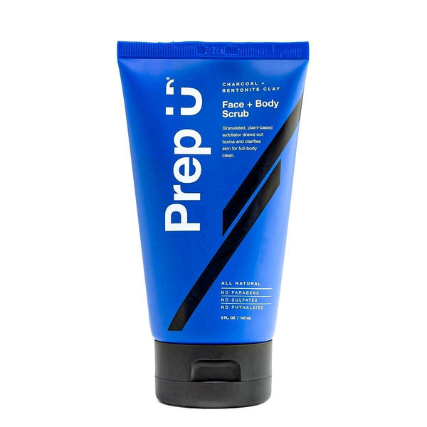 Prep U Exfoliating Charcoal Face & Body Scrub with Bentonite Clay in a blue tube, perfect for clearer and smoother skin.