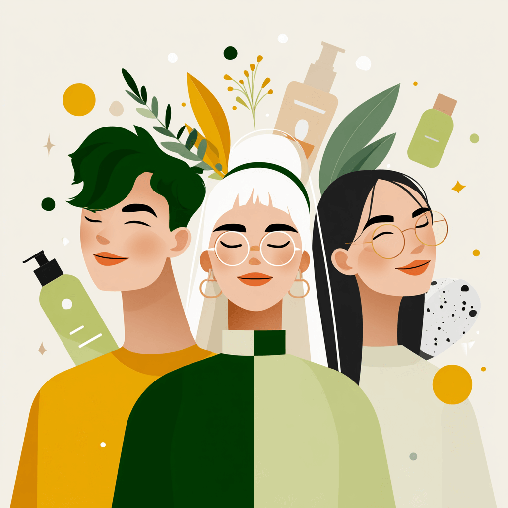 Illustration of diverse teens showcasing natural skincare products for healthy skin and acne solutions.