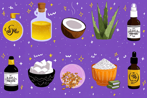 Colorful illustration of natural ingredients for teen skincare: oils, coconut, aloe, sugar, and more.