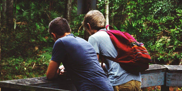 Two boys leaning on a wooden railing, enjoying nature in a lush green forest.