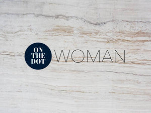 Text graphic for 'On The Dot Woman' on a textured background, emphasizing empowerment and connection.