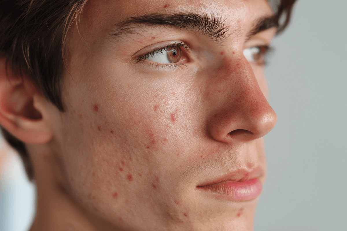 Close-up of a teen boy's face showing acne and skin blemishes, highlighting common skin concerns.