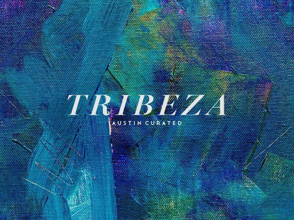 Colorful abstract art background with the text 'TRIBEZA AUSTIN CURATED' in bold white font.