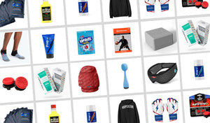 Collage of trendy gifts for teenage boys including sports gear, snacks, apparel, and grooming products.
