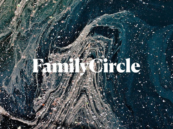 Text 'Family Circle' overlaying a swirling, colorful abstract background resembling marine patterns.