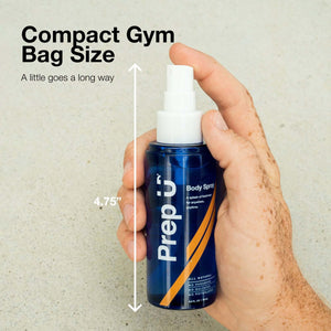 Compact gym bag size body spray for guys, fighting odor with every spritz, 4.75 inches tall.