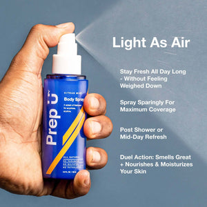 Refreshing body spray in hand, promoting all-day freshness without heaviness or harsh chemicals.