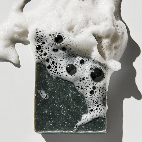 Artisan dark soap with bubbling foam, perfect for eco-friendly skincare and natural cleansing.