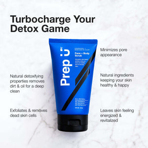 Prep U Exfoliating Charcoal Face & Body Scrub with Bentonite Clay for clear, energized skin and minimized pores.