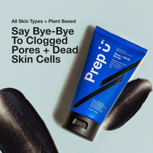 Prep U Exfoliating Charcoal Face & Body Scrub for clear skin, removing clogged pores and dead skin cells.
