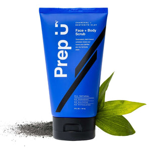 Prep U Exfoliating Charcoal Face & Body Scrub with Bentonite Clay, natural skincare for clear skin and smooth texture.
