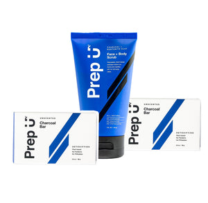 Prep U Full Body Charcoal Detox Bundle featuring face and body scrub with activated charcoal and detoxifying charcoal bars.