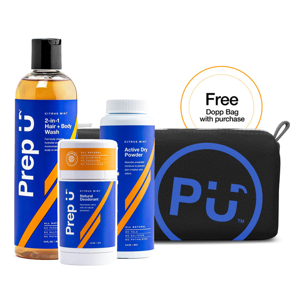 Locker Room Essentials Set: all-natural teen hygiene bundle with 2-in-1 Hair+Body Wash, Natural Deodorant, and Active Dry Powder.