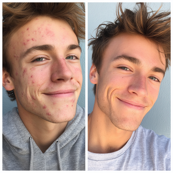 Before and after acne treatment, showing clear skin transformation in a young man's smile.