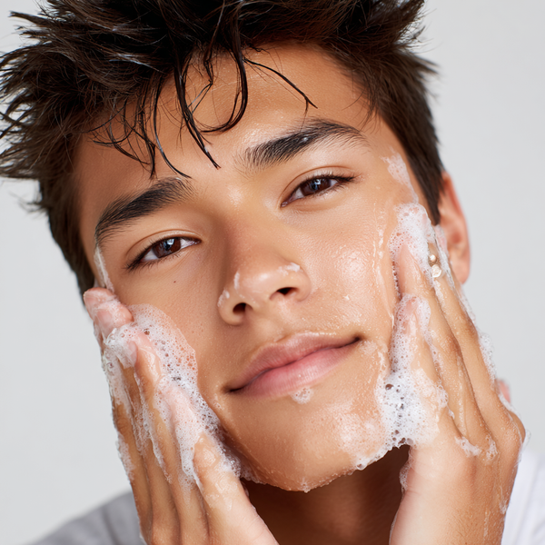 Young man cleansing his face with foamy cleanser for a refreshing skincare routine.