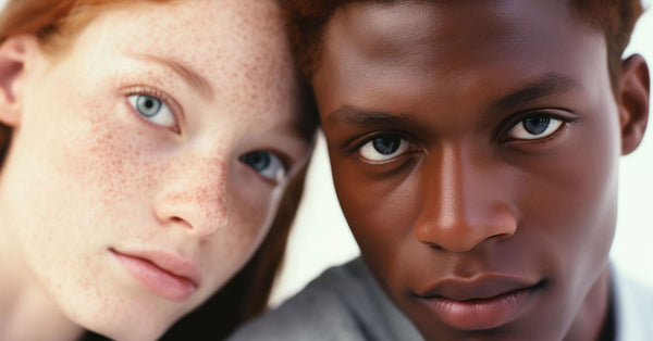 Close-up portrait of a girl with freckles and a boy, showcasing diverse beauty.