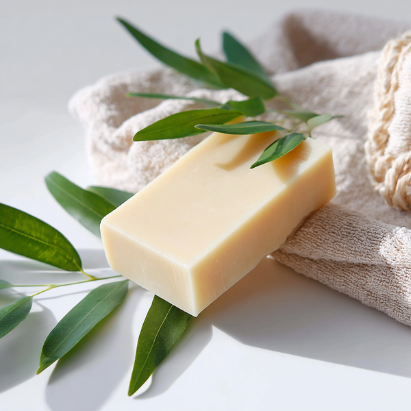 Natural soap bar surrounded by green leaves and a soft towel, perfect for eco-friendly skincare.