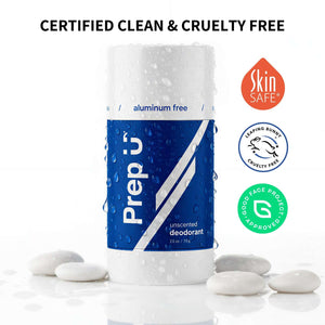 Prep 'U deodorant bottle with certification logos on a white background