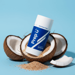 Tube of Prep U deodorant surrounded by coconut halves on a blue background