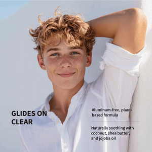 Teen wearing a white shirt with product information text overlay on a light background