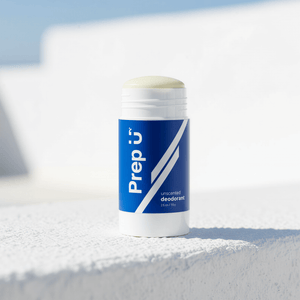 Deodorant stick with 'Prep U' branding on a light background
