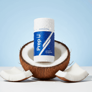 Prep U deodorant stick with a coconut on a light blue background