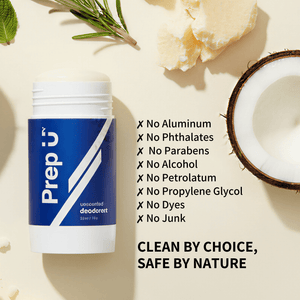 Prep U deodorant stick with natural ingredients on a light background