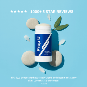 Prep U deodorant stick with natural elements on a blue background, featuring customer review text.