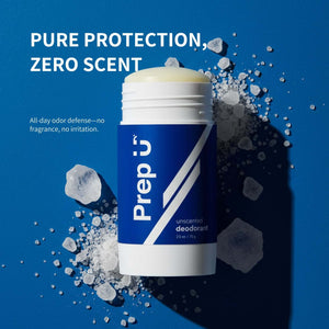 Prep U deodorant stick with ice cubes on a blue background