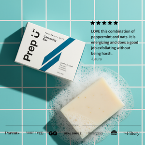 Prep U Cleansing bar on a blue grid background with product reviews.