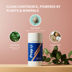 Prep U deodorant with natural ingredients and benefits on a pink background