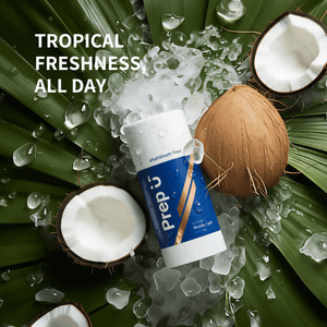 Prep U with coconuts and ice on a leafy background, promoting tropical freshness.