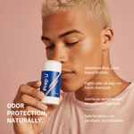 Teen holding a Prep U deodorant with text about its benefits on a pink background