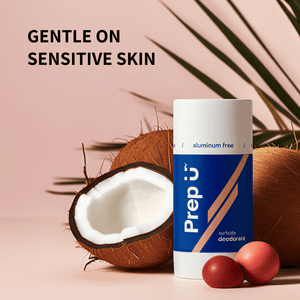 Deodorant stick labeled 'Prep U' with coconuts and leaves on a pink background