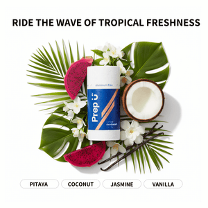 Prep U Deodorant stick with tropical elements like leaves, flowers, and fruits on a white background.