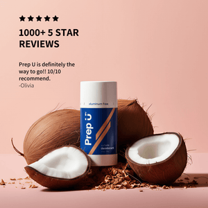 Prep U deodorant with coconuts on a pink background