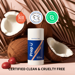Prep U deodorant stick with coconut and leaf elements on a pink background