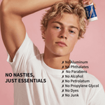Teen holding a container of Prep U deodorant with a pink background and text listing product benefits.